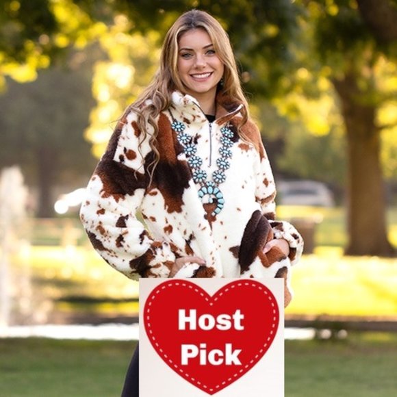 Country Western Cow Print Jacket - Faux Fur Sherpa Jacket - Soft & Fluffy Brown - Picture 1 of 4